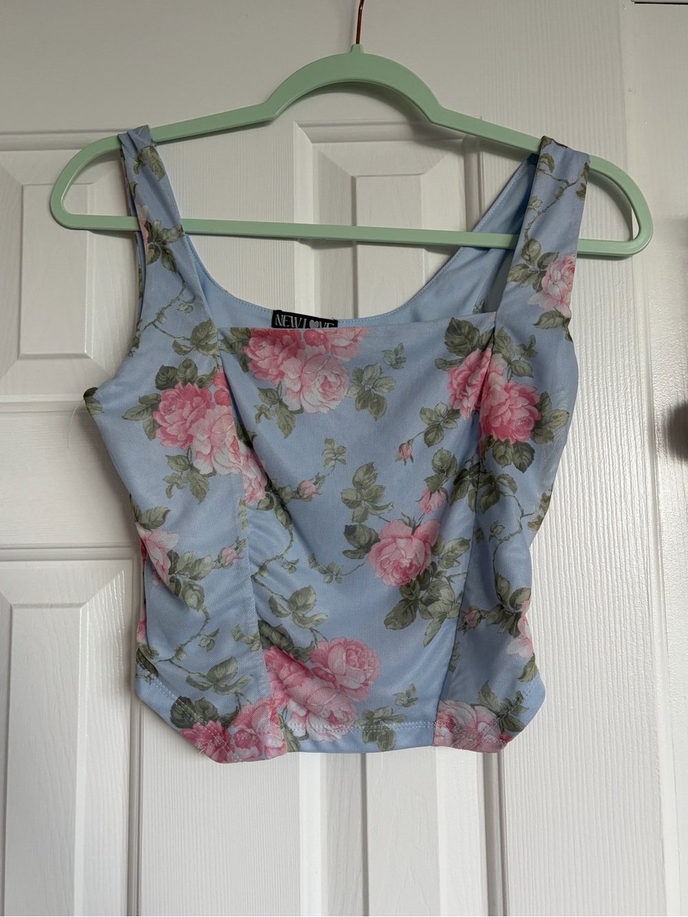 New Look Light Blue Floral Sweetheart Camisole - Pink Rose Print